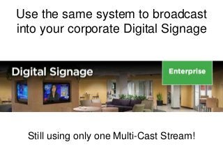 Use the same system to broadcast
into your corporate Digital Signage
Still using only one Multi-Cast Stream!
 