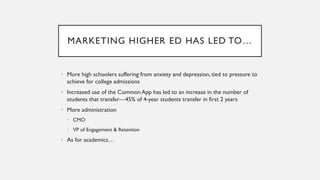MARKETING HIGHER ED HAS LED TO…
• More high schoolers suffering from anxiety and depression, tied to pressure to
achieve for college admissions
• Increased use of the Common App has led to an increase in the number of
students that transfer—45% of 4-year students transfer in first 2 years
• More administration
• CMO
• VP of Engagement & Retention
• As for academics…
 