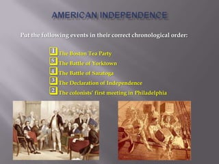 The Boston Tea Party
The Battle of Yorktown
The Battle of Saratoga
The Declaration of Independence
The colonists’ first meeting in Philadelphia
Put the following events in their correct chronological order:
1
2
3
4
5
 