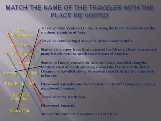 Marco Polo
Vasco da Gama
Christopher
Columbus
Fernando Magellan
James Cook
Fabian
Bellingshausen
David Livingstone
Khariton Laptev
Travelled from Venice to China; crossing the Indian Ocean visited the
southern countries of Asia.
Travelled from Portugal along the African coast to India.
Started his journey from Spain, crossed the Atlantic Ocean, discovered
many islands near the south-eastern coast of America.
Started in Europe, crossed the Atlantic Ocean, travelled along the
southern coast of South America, crossed the Pacific and the Indian
Oceans and travelled along the western coast of Africa and came back
to Europe.
Discovered Australia and New Zealand in the 18th century and made a
round-world journey.
Travelled to the North Pole
Discovered Antarctic
Studied the central and southern part of Africa
 
