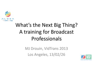 What’s the Next Big Thing?
 A training for Broadcast
       Professionals
    MJ Drouin, VidTrans 2013
     Los Angeles, 13/02/26
 