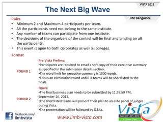 VISTA 2012

                    The Next Big Wave
Rules                                                                    IIM Bangalore
• Minimum 2 and Maximum 4 participants per team.
• All the participants need not belong to the same institute.
• Any number of teams can participate from one institute.
• The decisions of the organizers of the contest will be final and binding on all
   the participants.
• This event is open to both corporates as well as colleges.
Format
                Pre-Vista Prelims:
                •Participants are required to email a soft copy of their executive summary
                as specified in the submission details section.
   ROUND 1
                •The word limit for executive summary is 1500 words.
                •This is an elimination round and 6-8 teams will be shortlisted to the
                finals.
                Finals:
                •The final business plan needs to be submitted by 11:59:59 PM,
                September 26, 2012.
   ROUND 2
                •The shortlisted teams will present their plan to an elite panel of judges
                during Vista.
                •The presentation will be followed by Q&As.

                             www.iimb-vista.com
 