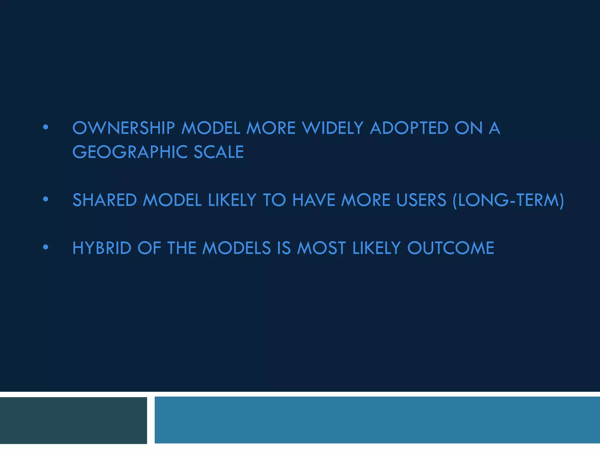 • OWNERSHIP MODEL MORE WIDELY ADOPTED ON A
GEOGRAPHIC SCALE
• SHARED MODEL LIKELY TO HAVE MORE USERS (LONG-TERM)
• HYBRID OF THE MODELS IS MOST LIKELY OUTCOME
 