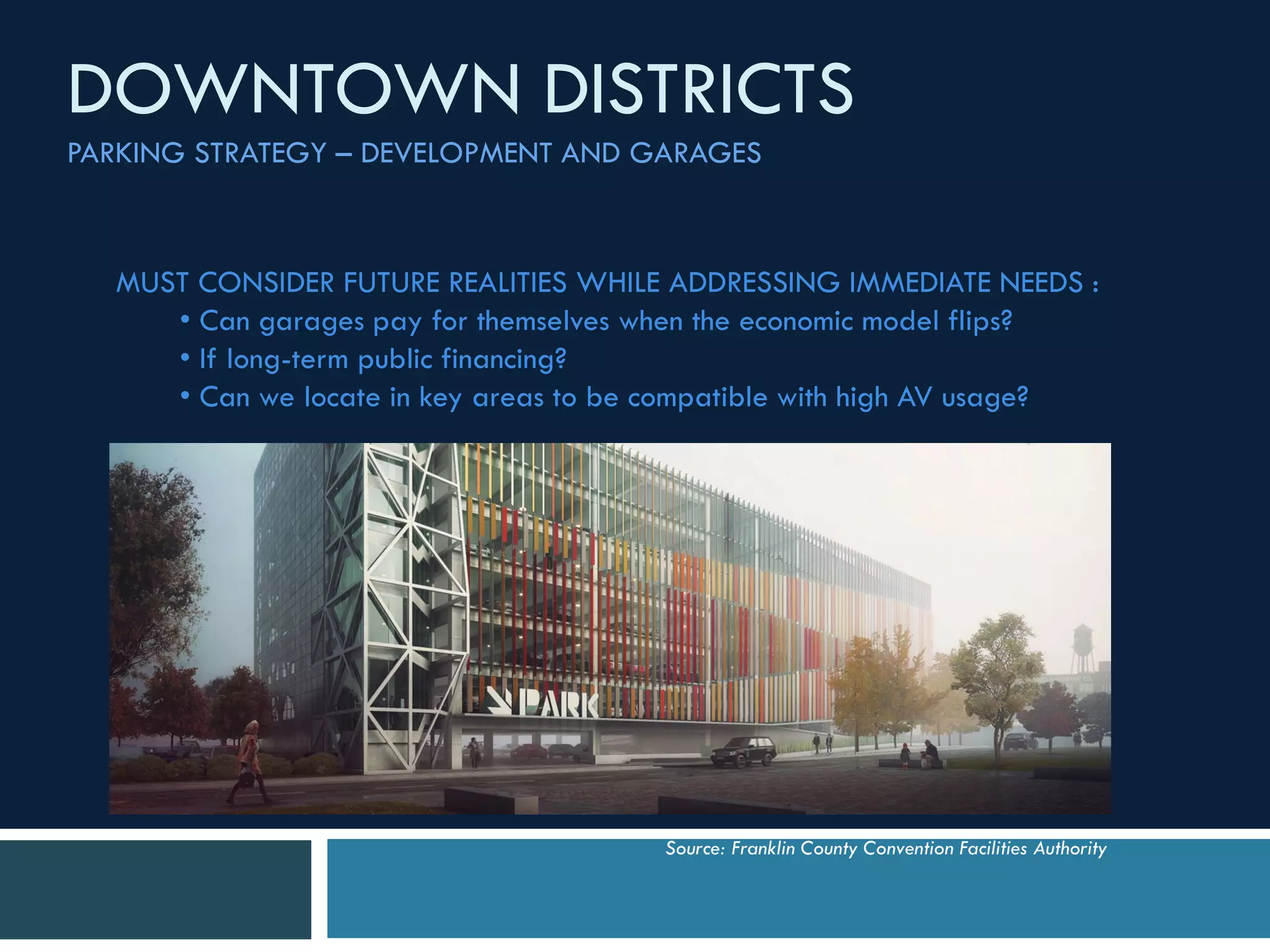 MUST CONSIDER FUTURE REALITIES WHILE ADDRESSING IMMEDIATE NEEDS :
• Can garages pay for themselves when the economic model flips?
• If long-term public financing?
• Can we locate in key areas to be compatible with high AV usage?
DOWNTOWN DISTRICTS
PARKING STRATEGY – DEVELOPMENT AND GARAGES
Source: Franklin County Convention Facilities Authority
 