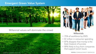 4343Copyright © 2015 Tata Consultancy Services Limited
Emergent Green Value System
Millennial values will dominate the crowd
* Source: Winograd & Hais
Millennials
•  75% of workforce by 2025
•  $1 trillion in consumer spending
•  87% disagree that money is the
best measure of success
•  89% likely to buy from companies
that support social issues
43
 