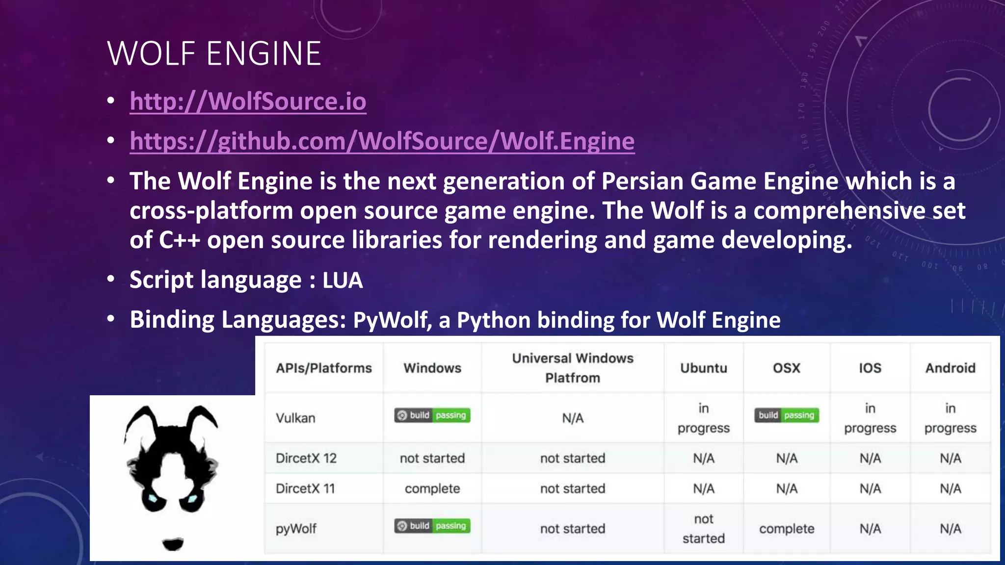 WOLF ENGINE
• http://WolfSource.io
• https://github.com/WolfSource/Wolf.Engine
• The Wolf Engine is the next generation of Persian Game Engine which is a
cross-platform open source game engine. The Wolf is a comprehensive set
of C++ open source libraries for rendering and game developing.
• Script language : LUA
• Binding Languages: PyWolf, a Python binding for Wolf Engine
 