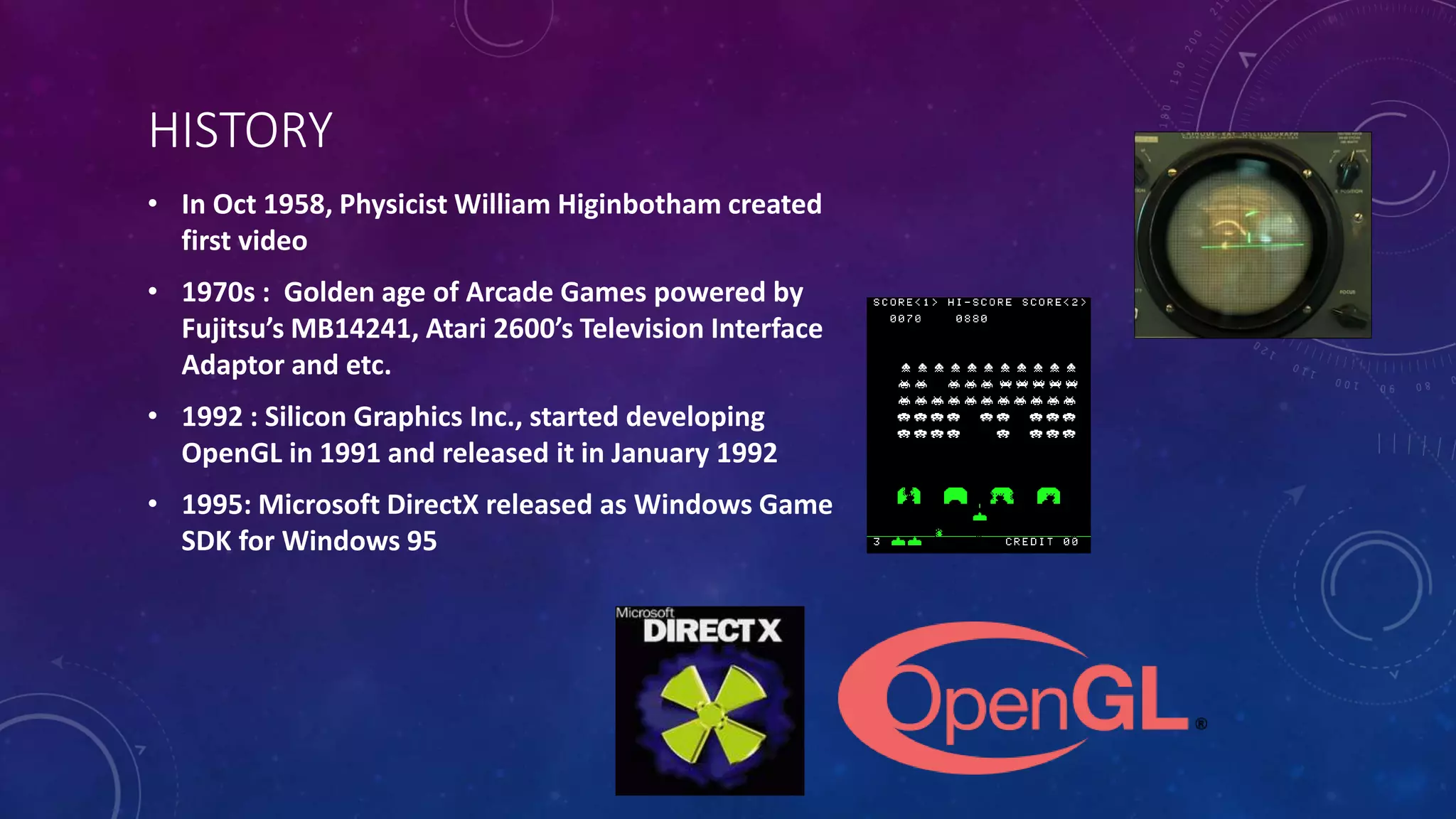 • In Oct 1958, Physicist William Higinbotham created
first video
• 1970s : Golden age of Arcade Games powered by
Fujitsu’s MB14241, Atari 2600’s Television Interface
Adaptor and etc.
• 1992 : Silicon Graphics Inc., started developing
OpenGL in 1991 and released it in January 1992
• 1995: Microsoft DirectX released as Windows Game
SDK for Windows 95
HISTORY
 
