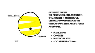 2009
or you see it like this:
the product is just an object.
what makes it meaningful,
useful and valuable are the
interactions that are designed
around it.
- marketing
- content
- meeting places
- social interactions
interactions
product
 