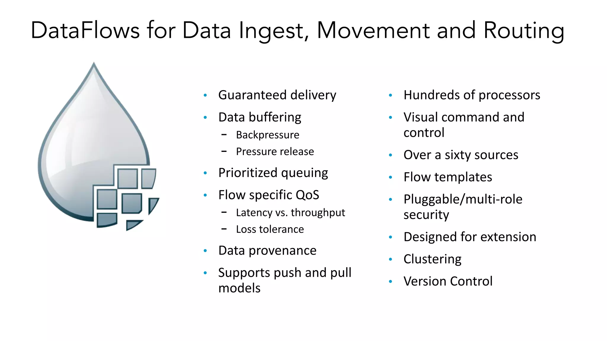 • Guaranteed delivery
• Data buffering
- Backpressure
- Pressure release
• Prioritized queuing
• Flow specific QoS
- Latency vs. throughput
- Loss tolerance
• Data provenance
• Supports push and pull
models
• Hundreds of processors
• Visual command and
control
• Over a sixty sources
• Flow templates
• Pluggable/multi-role
security
• Designed for extension
• Clustering
• Version Control
DataFlows for Data Ingest, Movement and Routing
 