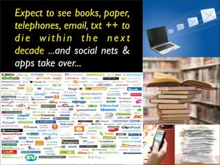 Expect to see books, paper,
telephones, email, txt ++ to
die within the next
decade ...and social nets &
apps take over...
 