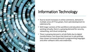 Information Technology
• Due to recent increases in online commerce, demand in
multiple areas of IT has grown, from web development to
cybersecurity.
• With larger sections of the workforce and education sectors
working virtually, there is a growing demand for security,
networking, and cloud computing.
• There is growing demand in all job fields due to digital
transformation, but those that stand out in job postings
have shown increased demand in programming languages
and other software skills and credentials.
 