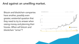 Private & Confidential - All rights reserved - Visible.vc, Inc.
And against an unwilling market.
Bitcoin and blockchain companies
have another, possibly even
greater, existential question that
they need to try to answer when
raising money and planning their
futures. When will bitcoin and
blockchain “arrive”?
 