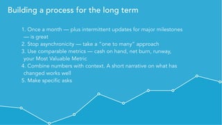 Private & Confidential - All rights reserved - Visible.vc, Inc.
Building a process for the long term
1. Once a month — plus intermittent updates for major milestones
— is great
2. Stop asynchronicity — take a “one to many” approach
3. Use comparable metrics — cash on hand, net burn, runway,
your Most Valuable Metric
4. Combine numbers with context. A short narrative on what has
changed works well
5. Make specific asks
 