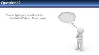 Please type your question into
the GoToWebinar Dashboard
Questions?
 