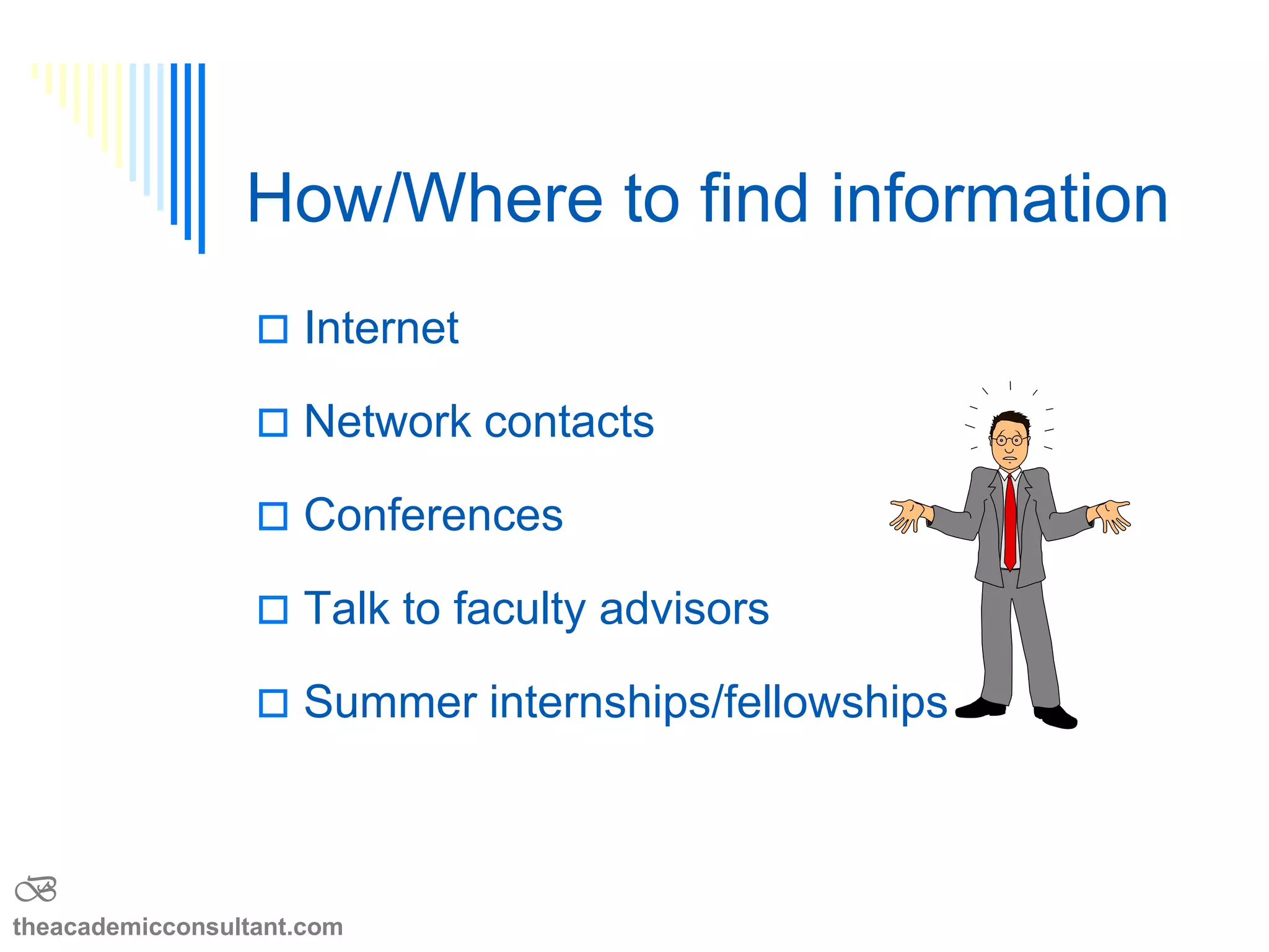 The undergraduate years
Introductory Science Courses
Explore Programs: Advisors, Grad School Fairs, ABRCMS, etc.
Freshman Sophomore Junior Senior PostBac
Take the GRE/MCAT Apply
Research Experiences
Advanced Science Courses
Interview
www.aamc.org/phd
B
theacademicconsultant.com
 