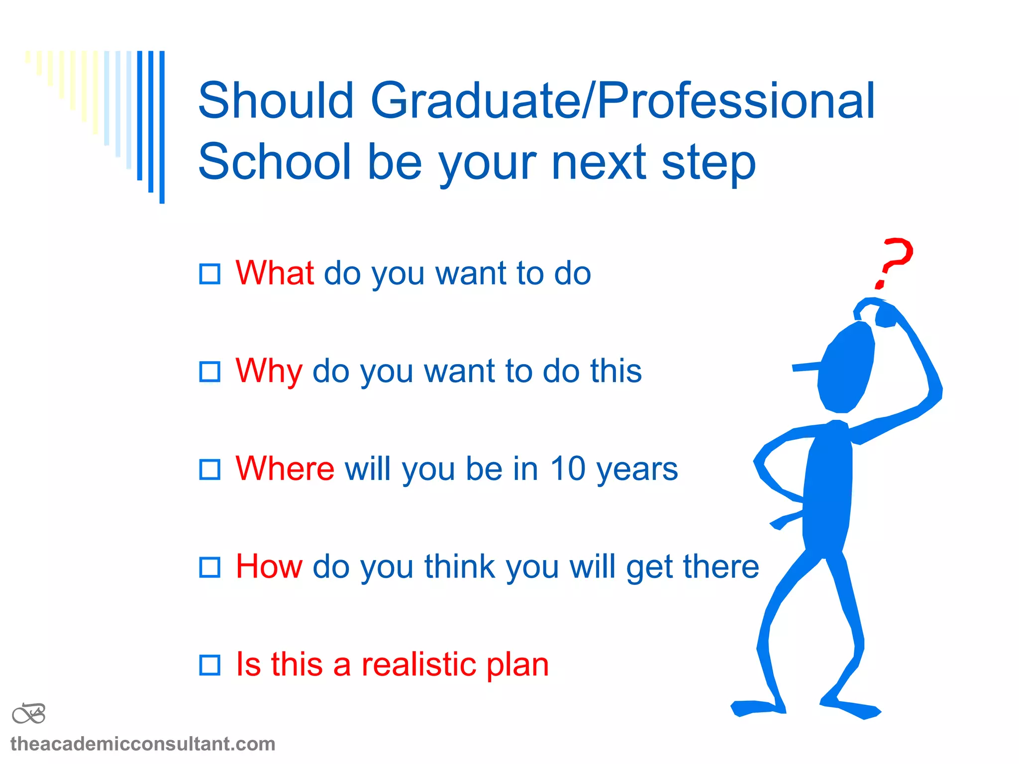 What is your right next step
 What do you want to do
 Why do you want to do this
 Where will you be in 10 years
 How do you think you will get there
 Is this a realistic plan
B
theacademicconsultant.com
 