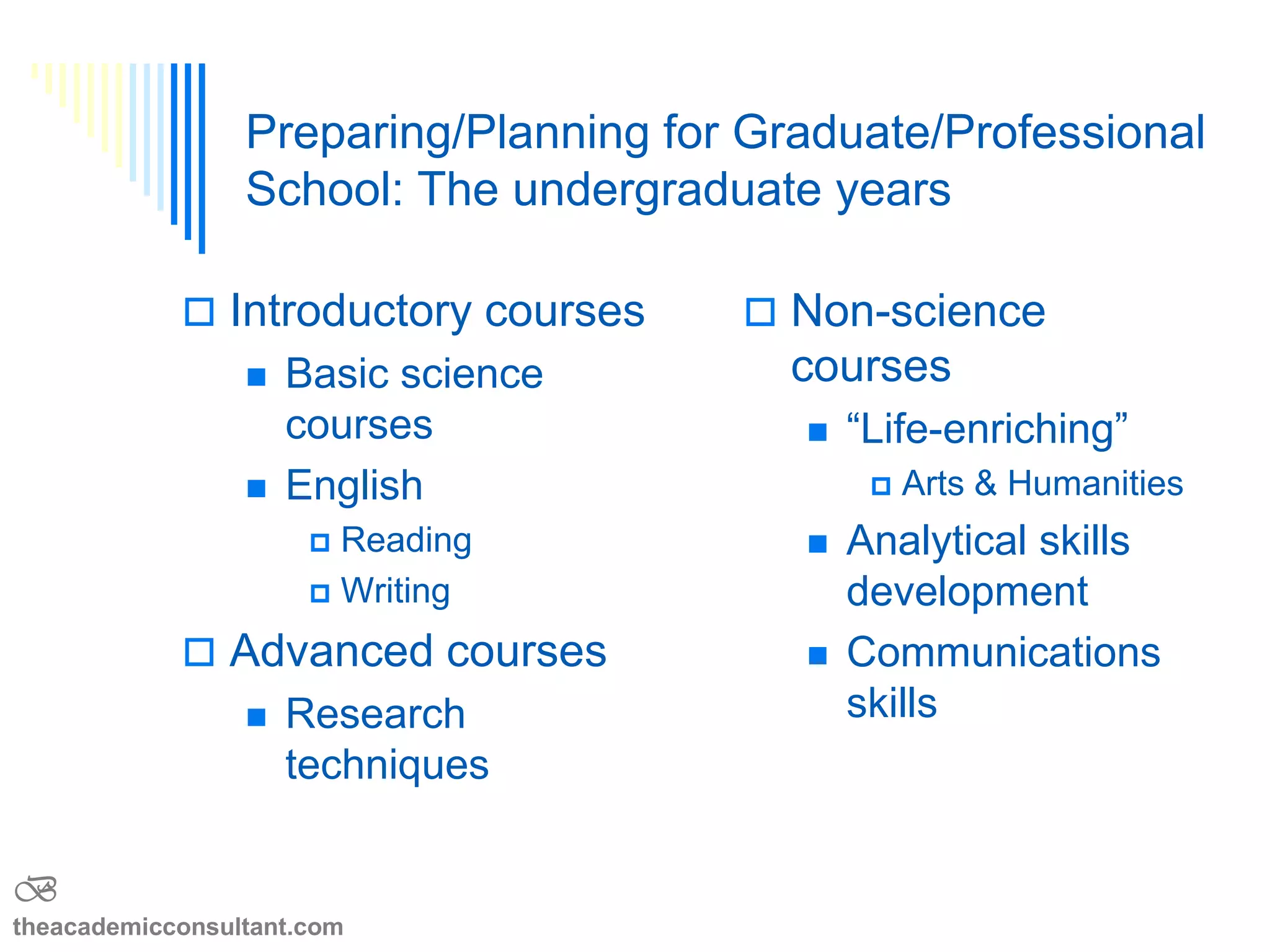 The undergraduate years
 Introductory courses
 Basic science
courses
 English
 Reading
 Writing
 Advanced courses
 Research
techniques
 Non-science
courses
 ―Life-enriching‖
 Arts & Humanities
 Analytical skills
 Communications
skills
B
theacademicconsultant.com
 