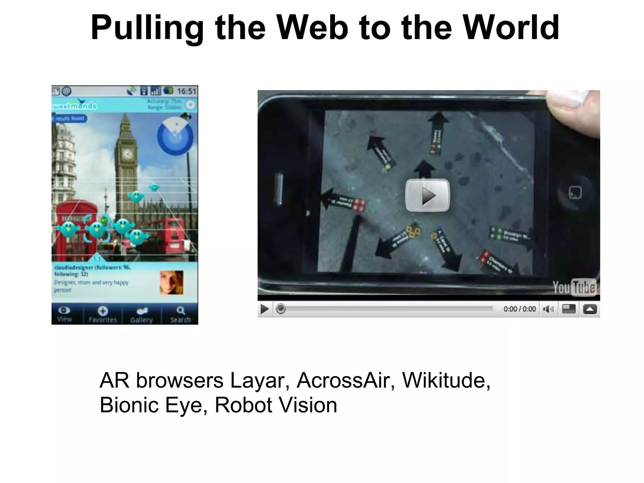 Pulling the Web to the World AR browsers Layar, AcrossAir, Wikitude, Bionic Eye, Robot Vision 