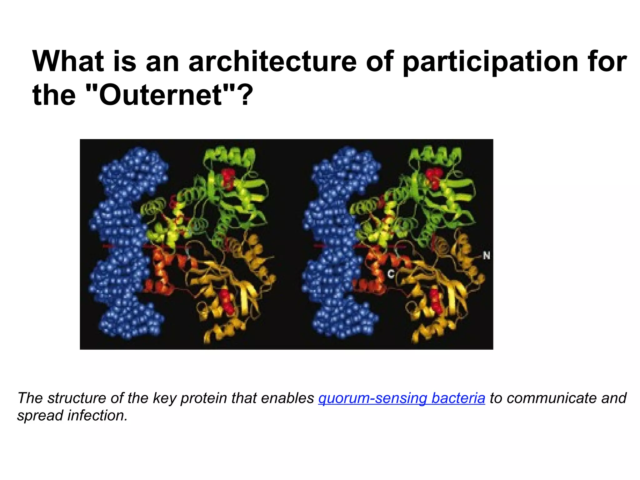 The structure of the key protein that enables  quorum-sensing bacteria  to communicate and spread infection.    What is an architecture of participation for the &quot;Outernet&quot;? 