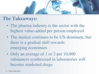 • The pharma industry is the sector with the
highest value-added per person employed
• The market continues to be US-dominant, but
there is a gradual shift towards
emerging economies
• Only an average of 1 or 2 per 10,000
substances synthesized in laboratories will
become marketed drugs
1 – Introduction
The Takeaways:
 