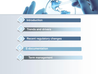 Introduction
Trends and drivers
Recent regulatory changes
1
2
3
4 E-documentation
5 Term management
 