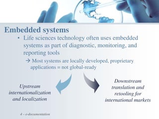 4 – e-documentation
Embedded systems
Upstream
internationalization
and localization
• Life sciences technology often uses embedded
systems as part of diagnostic, monitoring, and
reporting tools
 Most systems are locally developed, proprietary
applications = not global-ready
Downstream
translation and
retooling for
international markets
 