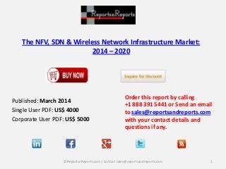 The NFV, SDN & Wireless Network Infrastructure Market:
2014 – 2020
Published: March 2014
Single User PDF: US$ 4000
Corporate User PDF: US$ 5000
Order this report by calling
+1 888 391 5441 or Send an email
to sales@reportsandreports.com
with your contact details and
questions if any.
1© ReportsnReports.com / Contact sales@reportsandreports.com
 