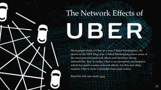 Most people think of Uber as a true 2-Sided Marketplace. As
shown in the NFX Map, true 2-Sided Marketplaces have some of
the most powerful network effects and therefore strong
defensibility. But, in reality, Uber is an asymptotic marketplace
which has much weaker network effects. For this and other
reasons, Uber is more vulnerable than most realize.
Read the full case study here.
11
 