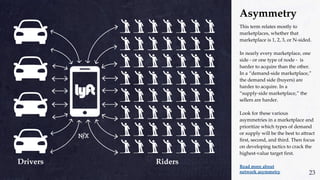 Asymmetry
This term relates mostly to
marketplaces, whether that
marketplace is 1, 2, 3, or N-sided.
In nearly every marketplace, one
side - or one type of node - is
harder to acquire than the other.
In a “demand-side marketplace,”
the demand side (buyers) are
harder to acquire. In a
“supply-side marketplace,” the
sellers are harder.
Look for these various
asymmetries in a marketplace and
prioritize which types of demand
or supply will be the best to attract
first, second, and third. Then focus
on developing tactics to crack the
highest-value target first.
Read more about
network asymmetry 23
 