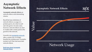 Asymptotic
Network Effects
Asymptotic network effects are
network effects with diminishing
returns.
Recall the basic definition of
network effects: as usage of a
product grows, its value to each
user also grows. In some cases,
however, network effects can start
to weaken after certain point in the
growth of the network.
Growth in an asymptotic network,
after a certain size, no longer
benefits the existing users. Examples
include Lyft/Uber and most data
network effects.
Read more about Asymptotic
Network Effects
25
 