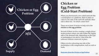 Chicken or
Egg Problem
(Cold-Start Problem)
When you first launch a two sided network like
a marketplace or a platform, there is often no
value to one side of the network until the other
side is there too. So which comes first?
There are at least 19 tactics to help solve the
chicken or the egg problem.
Several of them involve creating a single-player
mode product where one side (either the supply
side or the demand side, depending on the type
of marketplace) can derive value from the
software without a network in place.
Others involve attracting one side of the
marketplace with compensation, such as cash or
leads.
Read more about the Chicken or Egg Problem
33
 