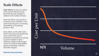 Scale Effects
Scale effects are easy to confuse
with network effects because
they both become stronger in
relation to the number of users.
Network effects cause products
to become more valuable to users
as the network grows, increasing
defensibility by increasing
product value.
Scale effects, on the other hand,
lead to lower per-unit production
costs as the fixed costs of
production are spread out among
a greater number of units —
meaning a higher profit margin
which can increase defensibility
against competitors with less
favorable margins.
Read more about Scale Effects
42
 