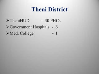 Theni District
TheniHUD - 30 PHCs
Government Hospitals - 6
Med. College - 1
 