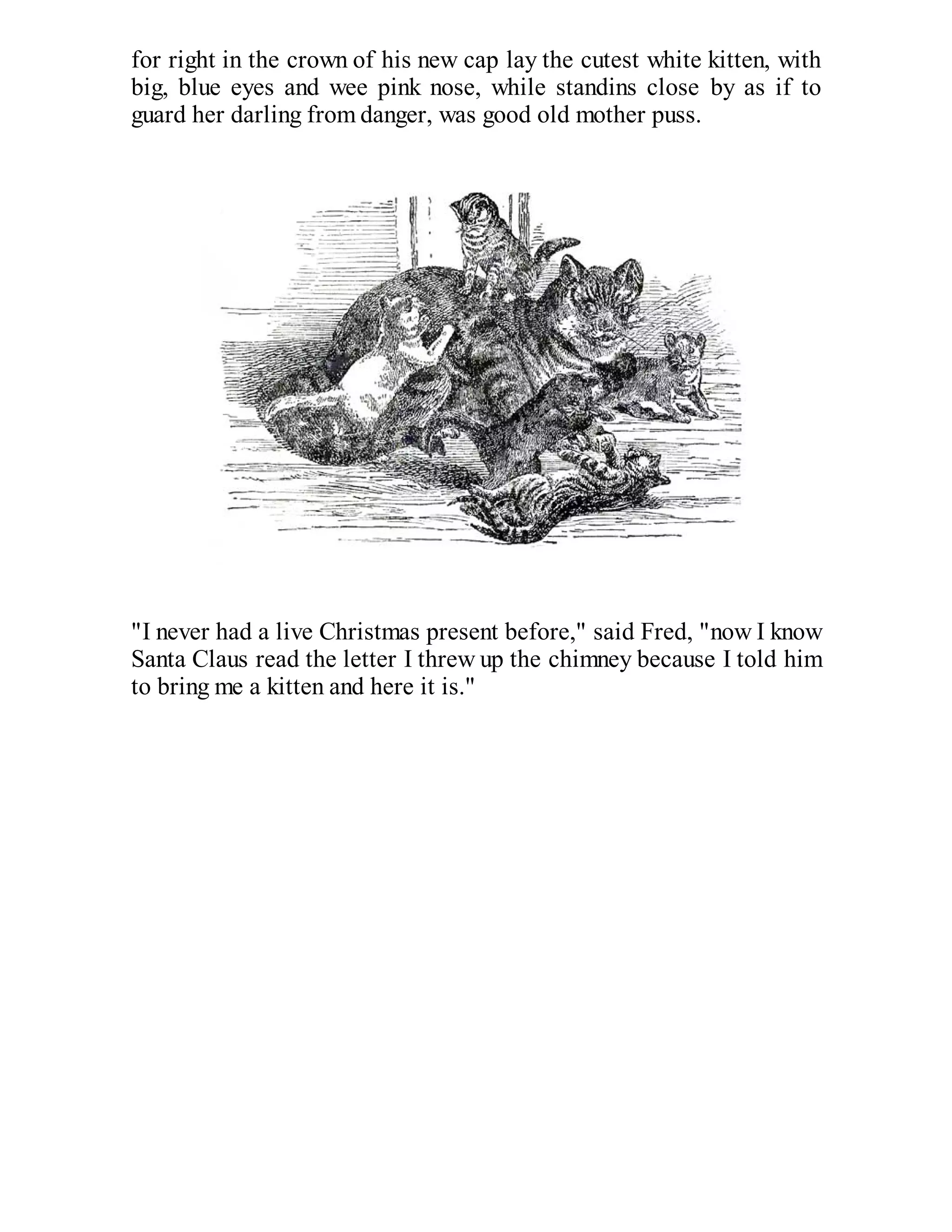 for right in the crown of his new cap lay the cutest white kitten, with
big, blue eyes and wee pink nose, while standins close by as if to
guard her darling from danger, was good old mother puss.

"I never had a live Christmas present before," said Fred, "now I know
Santa Claus read the letter I threw up the chimney because I told him
to bring me a kitten and here it is."

 