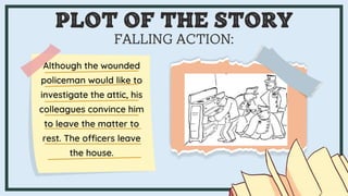 FALLING ACTION:
Although the wounded
policeman would like to
investigate the attic, his
colleagues convince him
to leave the matter to
rest. The officers leave
the house.
PLOT OF THE STORY
 
