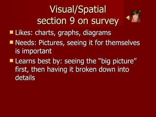 Visual/Spatial section 9 on survey Likes: charts, graphs, diagrams Needs: Pictures, seeing it for themselves is important Learns best by: seeing the “big picture” first, then having it broken down into details 