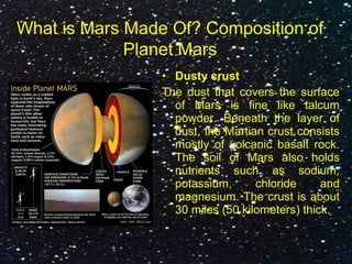 What is Mars Made Of? Composition of
Planet Mars
• Dusty crust
The dust that covers the surface
of Mars is fine like talcum
powder. Beneath the layer of
dust, the Martian crust consists
mostly of volcanic basalt rock.
The soil of Mars also holds
nutrients such as sodium,
potassium, chloride and
magnesium. The crust is about
30 miles (50 kilometers) thick.
 