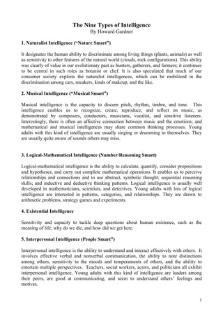 The Nine Types of Intelligence
                                     By Howard Gardner

1. Naturalist Intelligence (“Nature Smart”)

It designates the human ability to discriminate among living things (plants, animals) as well
as sensitivity to other features of the natural world (clouds, rock configurations). This ability
was clearly of value in our evolutionary past as hunters, gatherers, and farmers; it continues
to be central in such roles as botanist or chef. It is also speculated that much of our
consumer society exploits the naturalist intelligences, which can be mobilized in the
discrimination among cars, sneakers, kinds of makeup, and the like.

2. Musical Intelligence (“Musical Smart”)

Musical intelligence is the capacity to discern pitch, rhythm, timbre, and tone. This
intelligence enables us to recognize, create, reproduce, and reflect on music, as
demonstrated by composers, conductors, musicians, vocalist, and sensitive listeners.
Interestingly, there is often an affective connection between music and the emotions; and
mathematical and musical intelligences may share common thinking processes. Young
adults with this kind of intelligence are usually singing or drumming to themselves. They
are usually quite aware of sounds others may miss.


3. Logical-Mathematical Intelligence (Number/Reasoning Smart)

Logical-mathematical intelligence is the ability to calculate, quantify, consider propositions
and hypotheses, and carry out complete mathematical operations. It enables us to perceive
relationships and connections and to use abstract, symbolic thought; sequential reasoning
skills; and inductive and deductive thinking patterns. Logical intelligence is usually well
developed in mathematicians, scientists, and detectives. Young adults with lots of logical
intelligence are interested in patterns, categories, and relationships. They are drawn to
arithmetic problems, strategy games and experiments.

4. Existential Intelligence

Sensitivity and capacity to tackle deep questions about human existence, such as the
meaning of life, why do we die, and how did we get here.

5. Interpersonal Intelligence (People Smart”)

Interpersonal intelligence is the ability to understand and interact effectively with others. It
involves effective verbal and nonverbal communication, the ability to note distinctions
among others, sensitivity to the moods and temperaments of others, and the ability to
entertain multiple perspectives. Teachers, social workers, actors, and politicians all exhibit
interpersonal intelligence. Young adults with this kind of intelligence are leaders among
their peers, are good at communicating, and seem to understand others’ feelings and
motives.


                                                                                               1
 