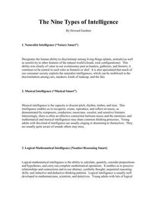 The Nine Types of Intelligence
                                    By Howard Gardner



1. Naturalist Intelligence (“Nature Smart”)



Designates the human ability to discriminate among living things (plants, animals) as well
as sensitivity to other features of the natural world (clouds, rock configurations). This
ability was clearly of value in our evolutionary past as hunters, gatherers, and farmers; it
continues to be central in such roles as botanist or chef. It is also speculated that much of
our consumer society exploits the naturalist intelligences, which can be mobilized in the
discrimination among cars, sneakers, kinds of makeup, and the like.



2. Musical Intelligence (“Musical Smart”)



Musical intelligence is the capacity to discern pitch, rhythm, timbre, and tone. This
intelligence enables us to recognize, create, reproduce, and reflect on music, as
demonstrated by composers, conductors, musicians, vocalist, and sensitive listeners.
Interestingly, there is often an affective connection between music and the emotions; and
mathematical and musical intelligences may share common thinking processes. Young
adults with this kind of intelligence are usually singing or drumming to themselves. They
are usually quite aware of sounds others may miss.




3. Logical-Mathematical Intelligence (Number/Reasoning Smart)



Logical-mathematical intelligence is the ability to calculate, quantify, consider propositions
and hypotheses, and carry out complete mathematical operations. It enables us to perceive
relationships and connections and to use abstract, symbolic thought; sequential reasoning
skills; and inductive and deductive thinking patterns. Logical intelligence is usually well
developed in mathematicians, scientists, and detectives. Young adults with lots of logical
 