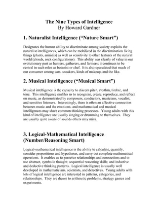 The Nine Types of Intelligence
By Howard Gardner
1. Naturalist Intelligence (“Nature Smart”)
Designates the human ability to discriminate among society exploits the
naturalist intelligences, which can be mobilized in the discrimination living
things (plants, animals) as well as sensitivity to other features of the natural
world (clouds, rock configurations). This ability was clearly of value in our
evolutionary past as hunters, gatherers, and farmers; it continues to be
central in such roles as botanist or chef. It is also speculated that much of
our consumer among cars, sneakers, kinds of makeup, and the like.
2. Musical Intelligence (“Musical Smart”)
Musical intelligence is the capacity to discern pitch, rhythm, timbre, and
tone. This intelligence enables us to recognize, create, reproduce, and reflect
on music, as demonstrated by composers, conductors, musicians, vocalist,
and sensitive listeners. Interestingly, there is often an affective connection
between music and the emotions; and mathematical and musical
intelligences may share common thinking processes. Young adults with this
kind of intelligence are usually singing or drumming to themselves. They
are usually quite aware of sounds others may miss.
3. Logical-Mathematical Intelligence
(Number/Reasoning Smart)
Logical-mathematical intelligence is the ability to calculate, quantify,
consider propositions and hypotheses, and carry out complete mathematical
operations. It enables us to perceive relationships and connections and to
use abstract, symbolic thought; sequential reasoning skills; and inductive
and deductive thinking patterns. Logical intelligence is usually well
developed in mathematicians, scientists, and detectives. Young adults with
lots of logical intelligence are interested in patterns, categories, and
relationships. They are drawn to arithmetic problems, strategy games and
experiments.
 