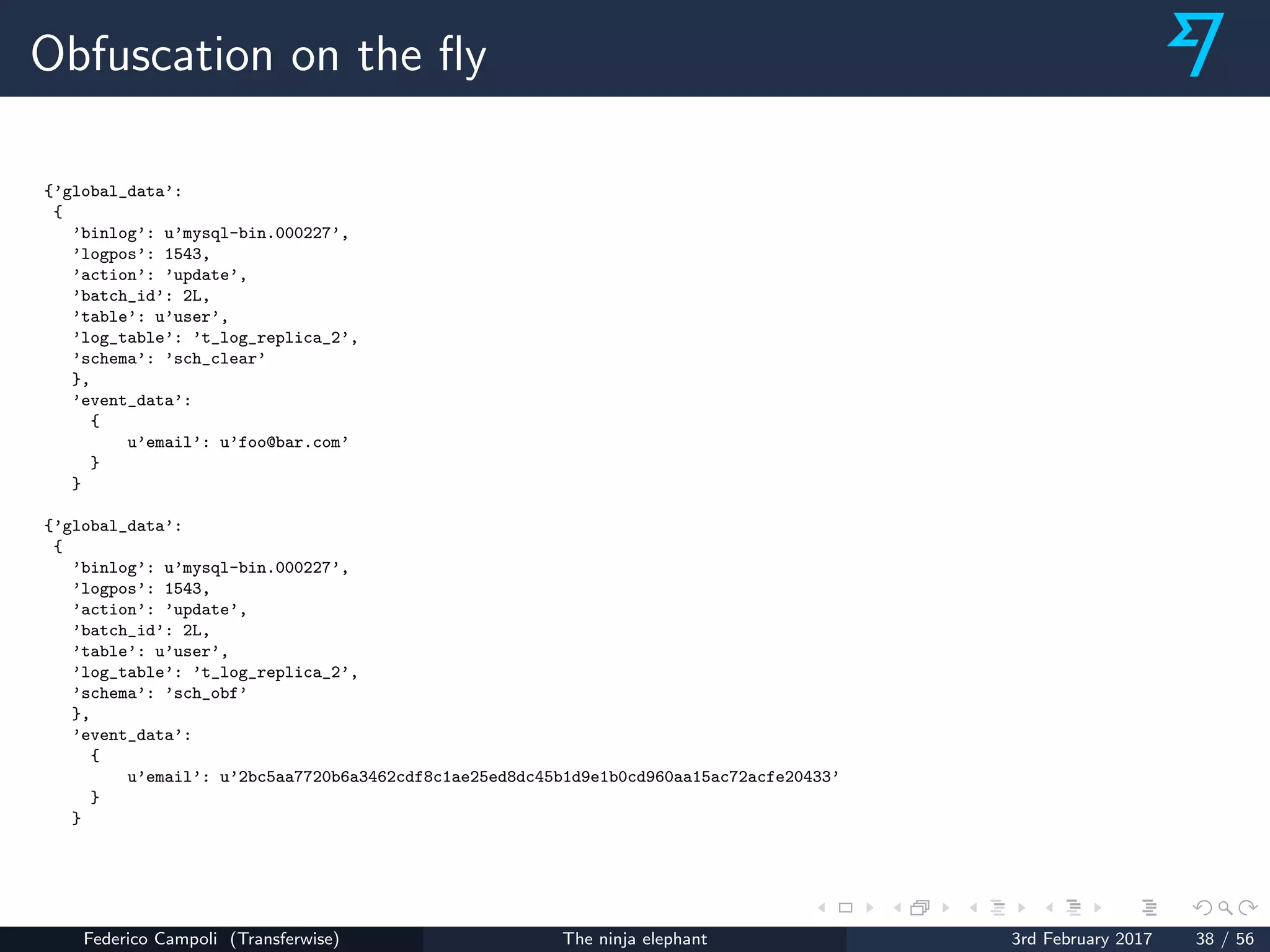Obfuscation on the ﬂy
{’global_data’:
{
’binlog’: u’mysql-bin.000227’,
’logpos’: 1543,
’action’: ’update’,
’batch_id’: 2L,
’table’: u’user’,
’log_table’: ’t_log_replica_2’,
’schema’: ’sch_clear’
},
’event_data’:
{
u’email’: u’foo@bar.com’
}
}
{’global_data’:
{
’binlog’: u’mysql-bin.000227’,
’logpos’: 1543,
’action’: ’update’,
’batch_id’: 2L,
’table’: u’user’,
’log_table’: ’t_log_replica_2’,
’schema’: ’sch_obf’
},
’event_data’:
{
u’email’: u’2bc5aa7720b6a3462cdf8c1ae25ed8dc45b1d9e1b0cd960aa15ac72acfe20433’
}
}
Federico Campoli (Transferwise) The ninja elephant 3rd February 2017 38 / 56
 