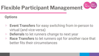 Flexible Participant Management
Options
▷ Event Transfers for easy switching from in-person to
virtual (and vice-versa)
▷ ...