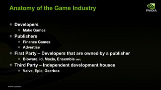 NVIDIA Corporation
Anatomy of the Game Industry
Developers
Make Games
Publishers
Finance Games
Advertise
First Party – Developers that are owned by a publisher
Bioware, id, Maxis, Ensemble (RIP)
Third Party – Independent development houses
Valve, Epic, Gearbox
 