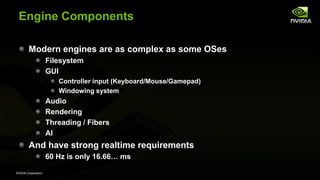 NVIDIA Corporation
Engine Components
Modern engines are as complex as some OSes
Filesystem
GUI
Controller input (Keyboard/Mouse/Gamepad)
Windowing system
Audio
Rendering
Threading / Fibers
AI
And have strong realtime requirements
60 Hz is only 16.66… ms
 