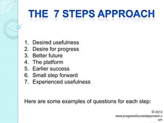 1. Desired usefulness
2. Desire for progress
3. Better future
4. The platform
5. Earlier success
6. Small step forward
7. Experienced usefulness
Here are some examples of questions for each step:
© 2013
www.progressfocusedapproach.c
om
 