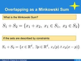 Overlapping as a Minkowski Sum
I. Salas & G. Chabert & A. Goldsztejn 9 / 23
What is the Minkowski Sum?
If the sets are described by constraints
 