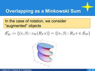 Overlapping as a Minkowski Sum
In the case of rotation, we consider
“augmented” objects
I. Salas & G. Chabert & A. Goldsztejn 12 / 23
 