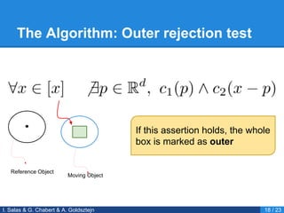The Algorithm: Outer rejection test
I. Salas & G. Chabert & A. Goldsztejn 18 / 23
If this assertion holds, the whole
box is marked as outer
Moving Object
Reference Object
 