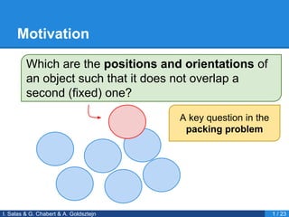 Motivation
I. Salas & G. Chabert & A. Goldsztejn 1 / 23
Which are the positions and orientations of
an object such that it does not overlap a
second (fixed) one?
A key question in the
packing problem
 