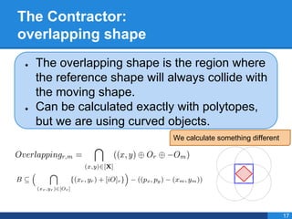 The Contractor:
overlapping shape
● The overlapping shape is the region where
the reference shape will always collide with
the moving shape.
● Can be calculated exactly with polytopes,
but we are using curved objects.
We calculate something different
17
 